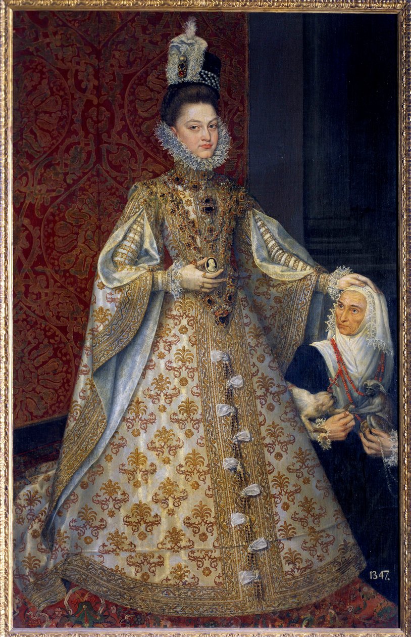 Portrét na nohou Infante of Spain Isabelle Clara Eugenie Habsburská, panovníka Nizozemska a Magdalena Ruiz Malba Alonso Sanchez Coello (1531-1588) Sun. 1,29 x 2,07 m. 1585. Madrid. Musee du Prado - celovečerní portrét dítěte od Alonso Sánchez Coello