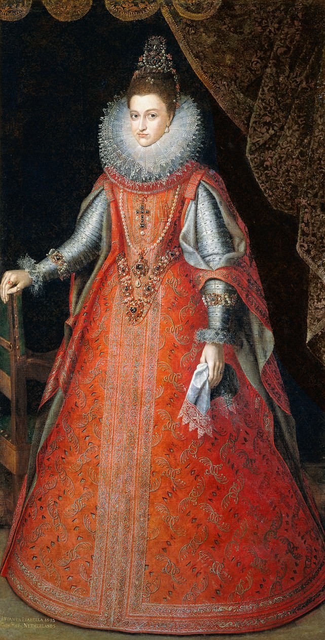 Portrét infantky Isabelly Eugenie, stojící po celé délce v brokátových šatech, 1593 od Alonso Sánchez Coello