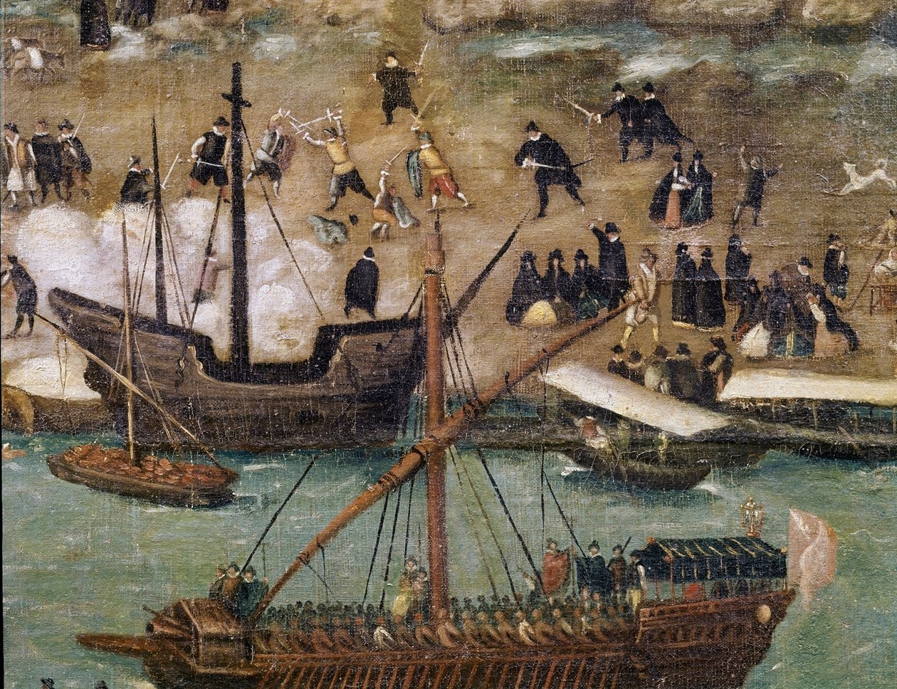 Město Sevilla, detail přístavu (malba, konec 16. století) od Alonso Sánchez Coello