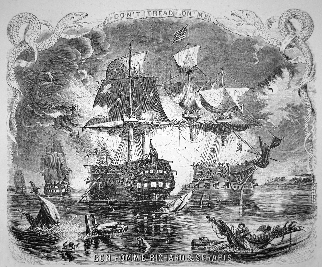 John Paul Jones, velící Bonhomme Richard, porazí HMS Serapis 23. září 1779 (litho) od Alonzo (after) Chappel