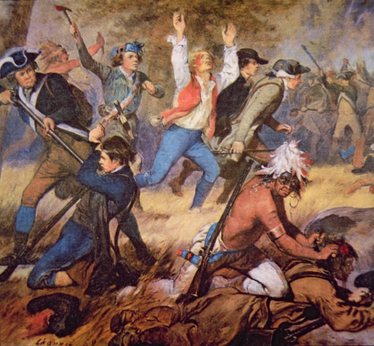 Masakr ve Wyoming Valley v červenci 1778 (barevné lito) (detail) od Alonzo (after) Chappel