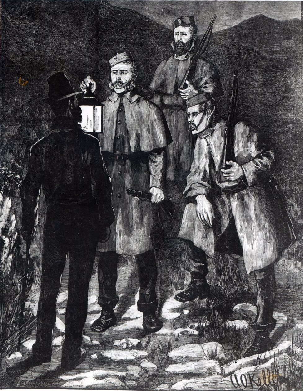 Irský stát: Policejní hlídka napadá podezřelou osobu, z „The Illustrated London News“, kolem roku 1880 od Aloysius C. O