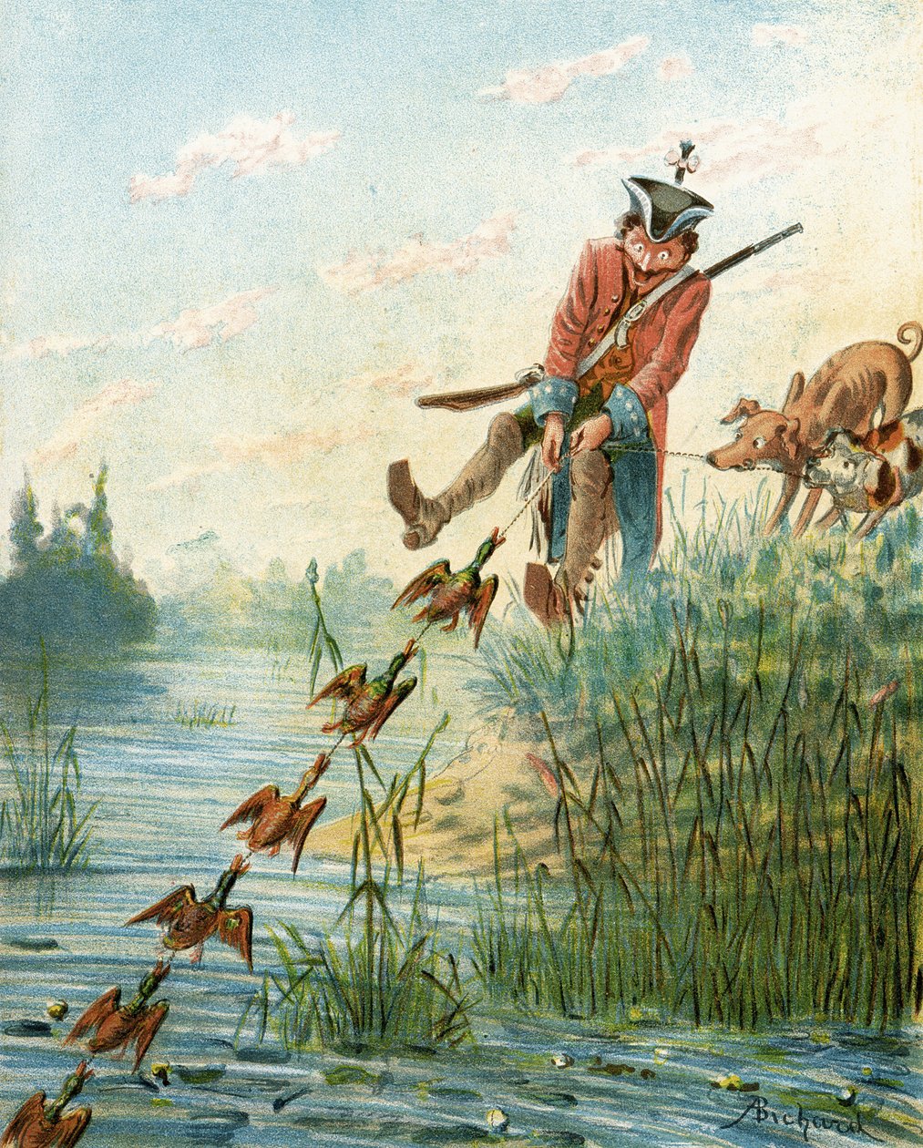 Baron Munchausen chytající kachny se slaninou, z „Dobrodružství barona Munchausena“ od Rudolfa Ericha Raspeho (1736-94), vydané kolem roku 1886 od Alphonse Adolphe Bichard