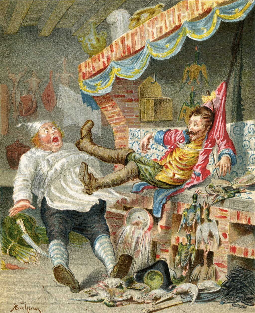 Let s kachnami dolů komínem, z „Dobrodružství barona Munchausena“ od Rudolfa Ericha Raspeho (1736–94), vydaného kolem roku 1886 od Alphonse Adolphe Bichard