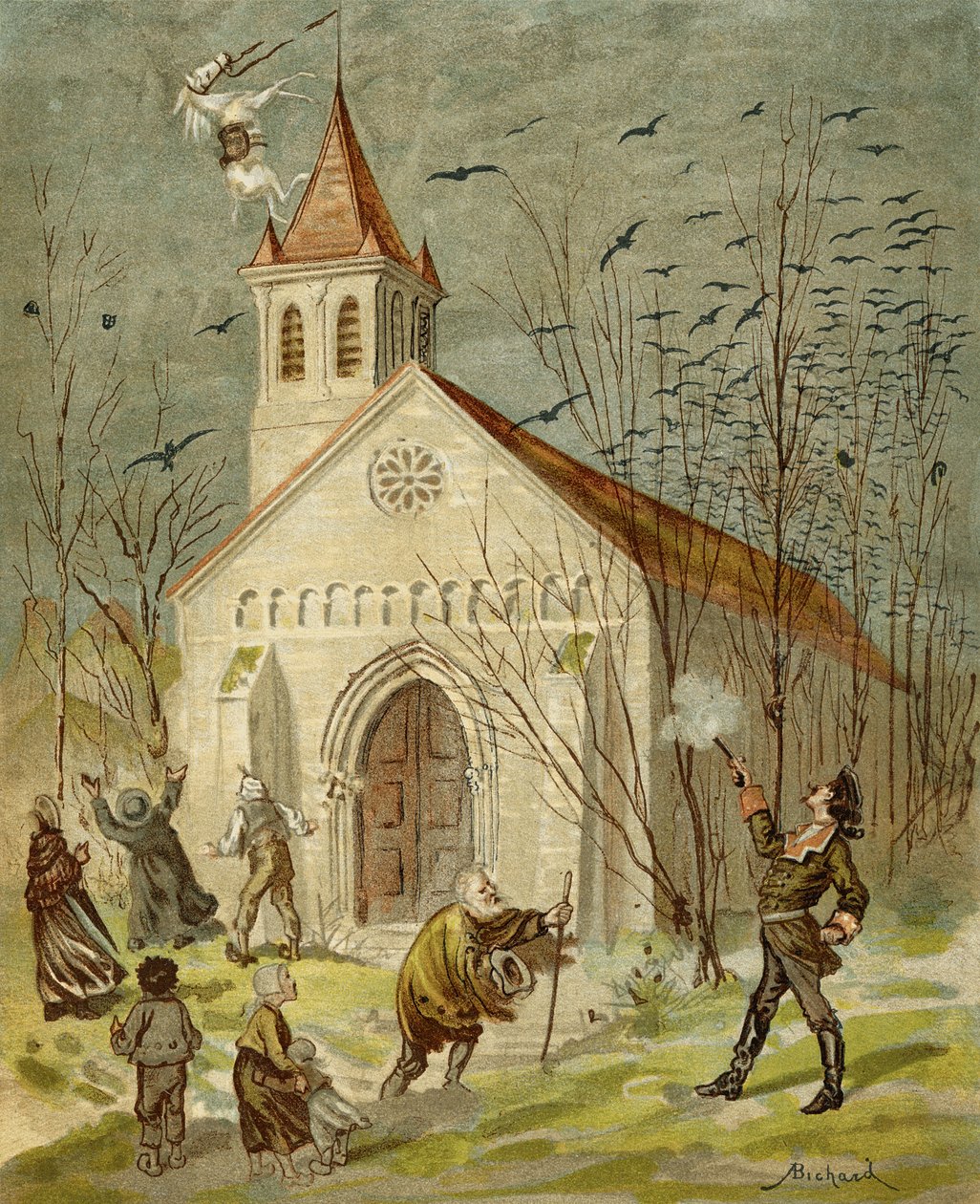 Baron dokazuje, že je dobrý střelec, z knihy "Dobrodružství barona Prášila" od Rudolfa Ericha Raspeho (1736-94), vydané kolem roku 1886. od Alphonse Adolphe Bichard
