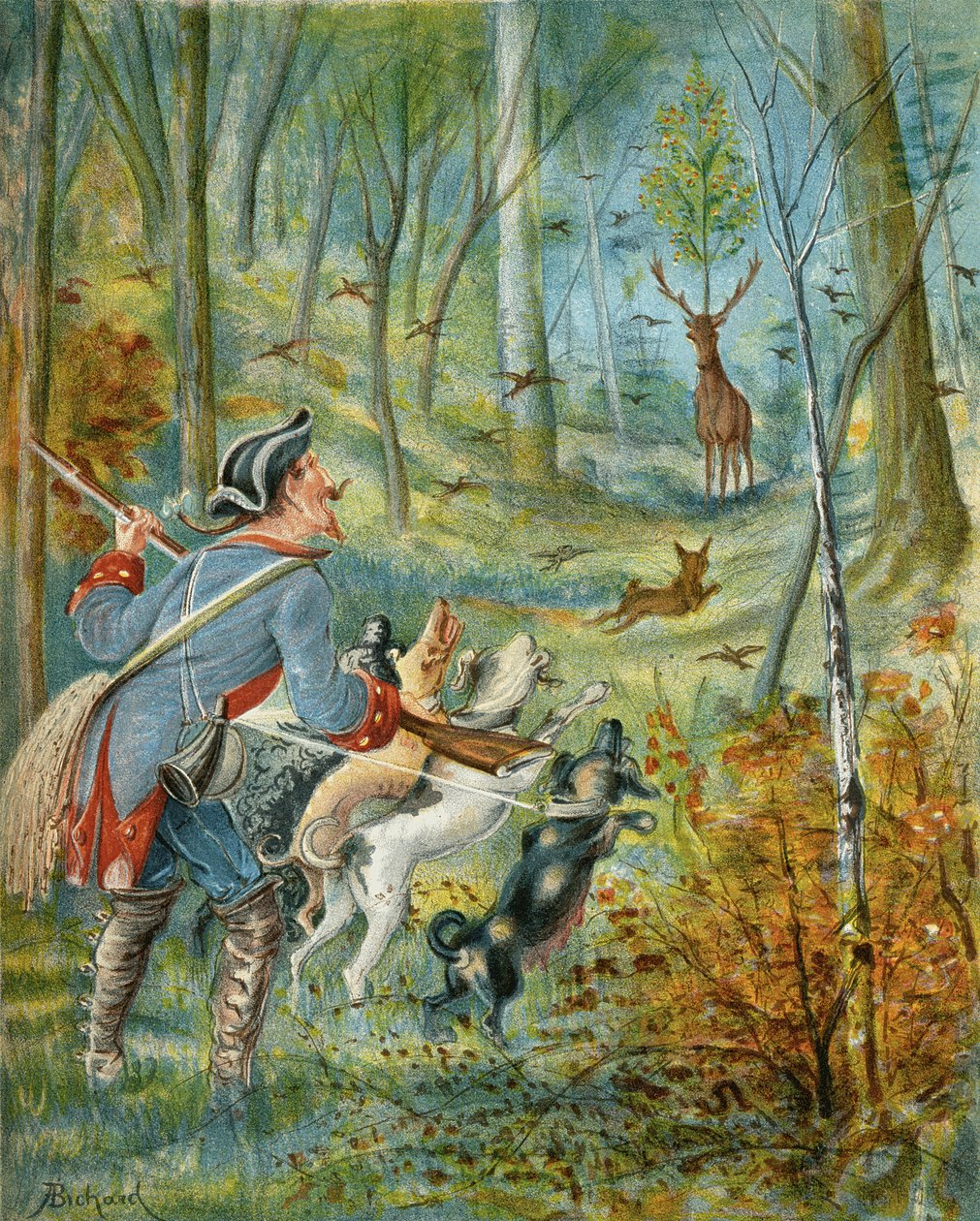 Účinky střelby na jelena s třešňovými peckami, z knihy "Dobrodružství barona Prášila" od Rudolfa Ericha Raspeho (1736-94), vydané kolem roku 1886. od Alphonse Adolphe Bichard