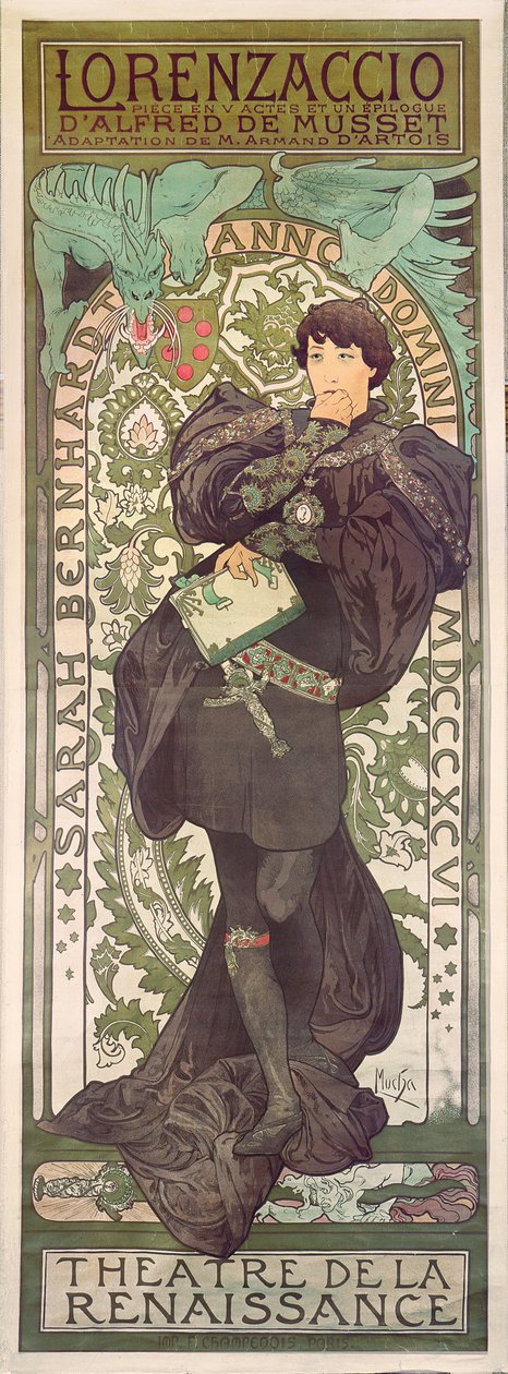 Lorenzaccio, se Sarah Bernhardt, v renesanci v Théâtre de la Renaissance (plakát), 1896 (litografie) od Alphonse Mucha