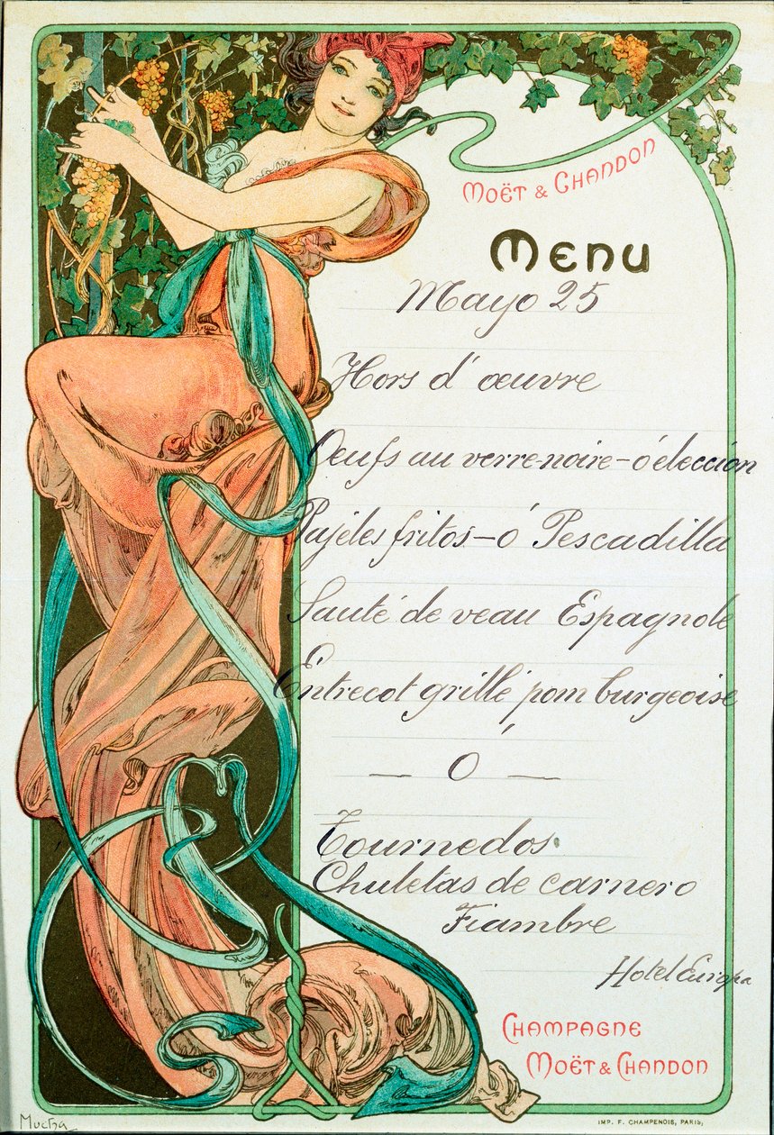 Menu s potiskem šampaňského Moet and Chandon pro francouzskou specialitu. Ilustrace Alphonse Muchy (1860-1939) Dim. 22x15 cm Milán, soukromá sbírka od Alphonse Mucha