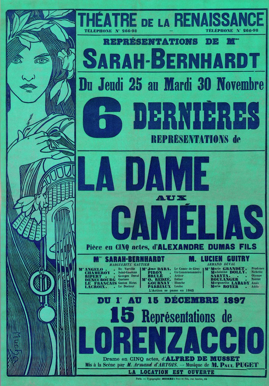 Plakát s reklamou La Dame aux Camelias od Alexandra Dumase a Lorenzaccia od Alfreda de Musseta, v hlavní roli Sarah Bernhardt, Theater du Renaissance, Paříž, 1897 od Alphonse Mucha