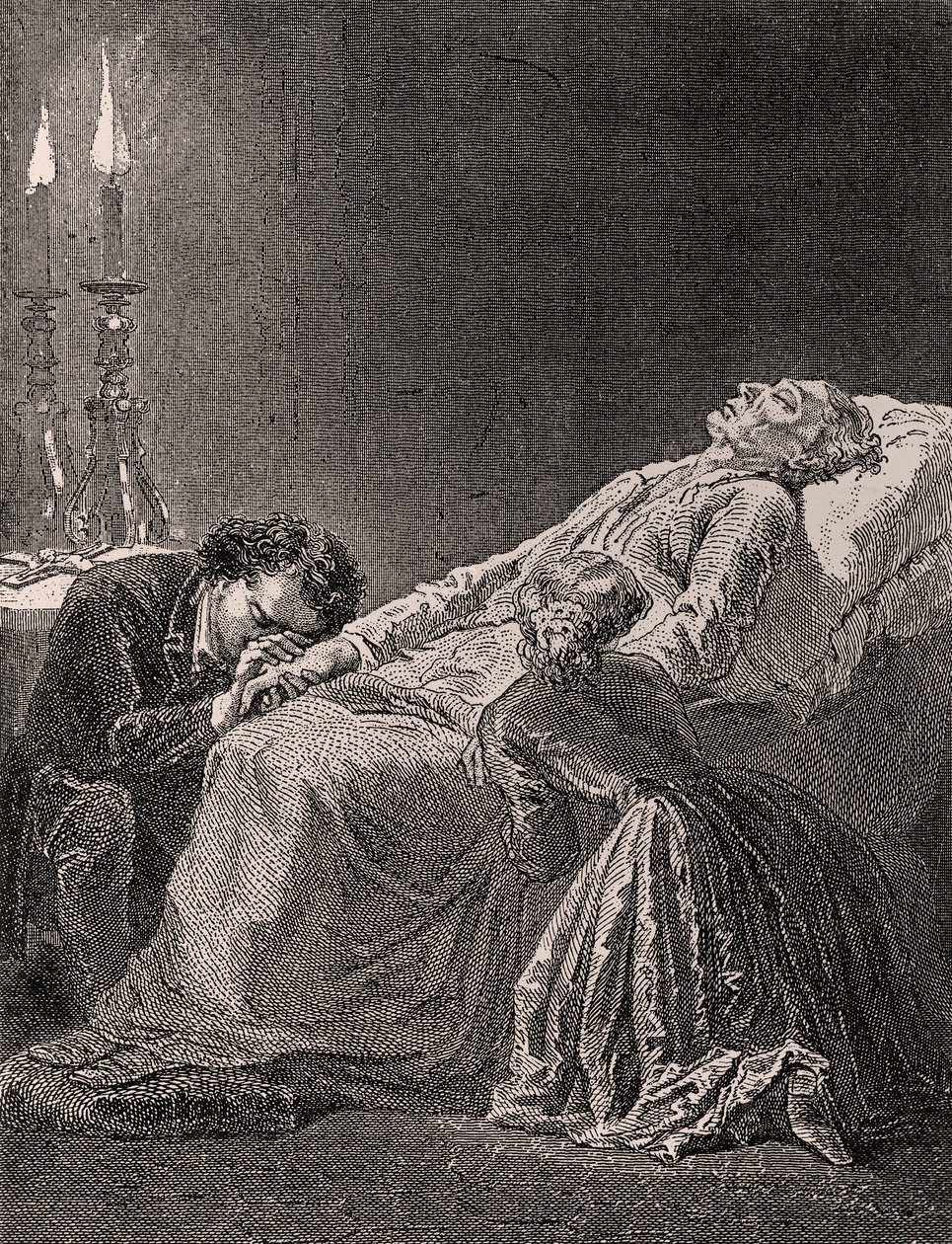 Smrt Jeana Valjeana mezi Cosettou a Mariem - ilustrace z Bídníků,19. století (čb. rytina) od Alphonse Marie de Neuville