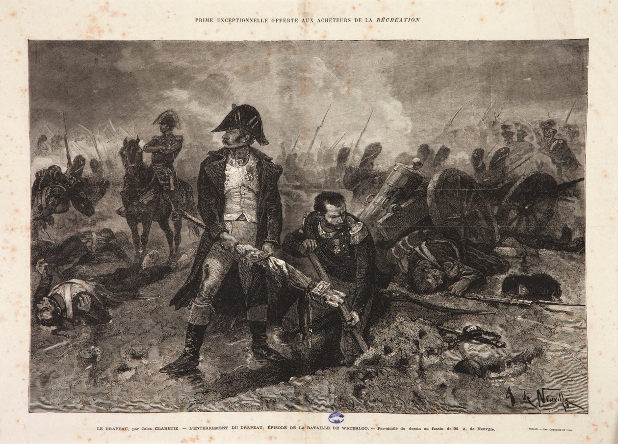 Pohřeb vlajky, epizoda bitvy u Waterloo, vyryl Jules Claretie, 1879 od Alphonse Marie de Neuville