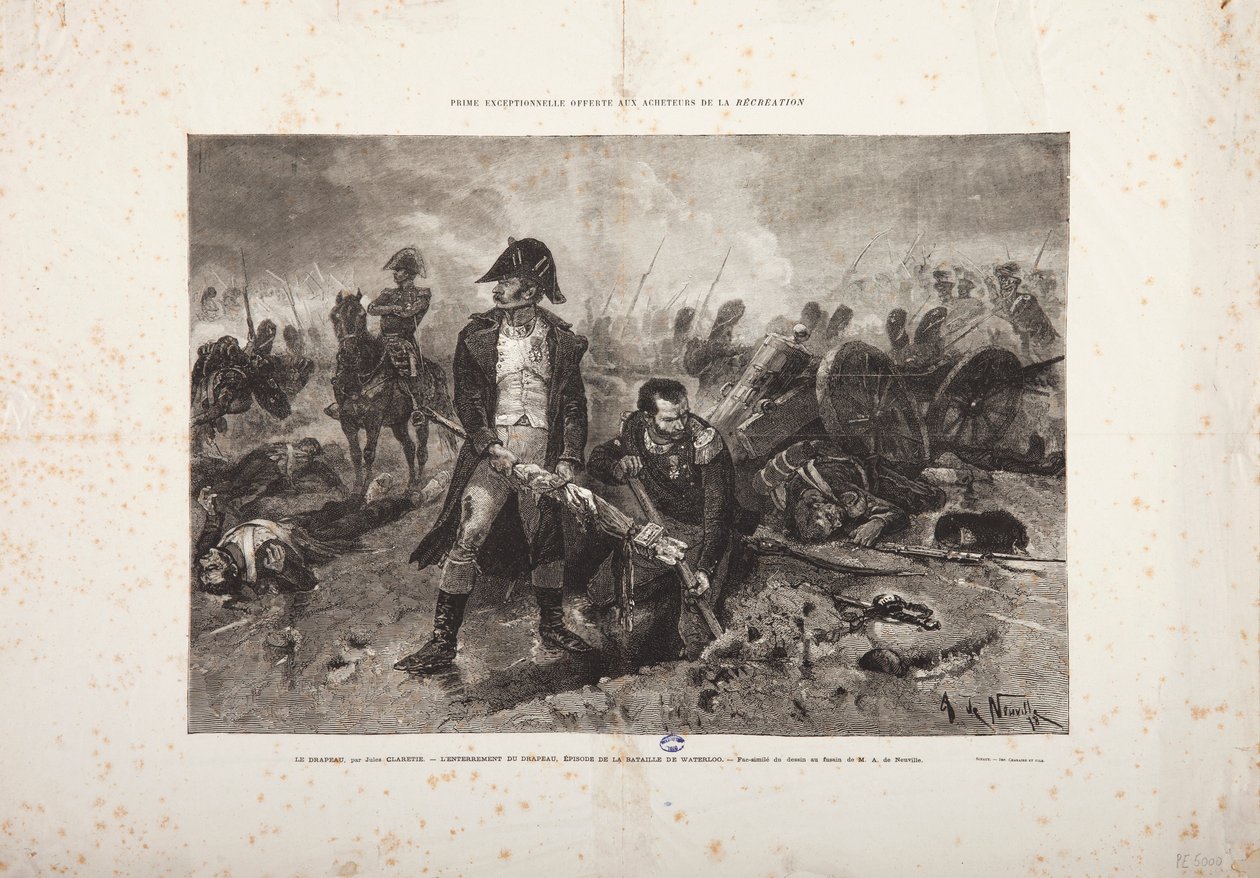 Pohřeb vlajky, epizoda bitvy u Waterloo, vyryl Jules Claretie od Alphonse Marie de Neuville
