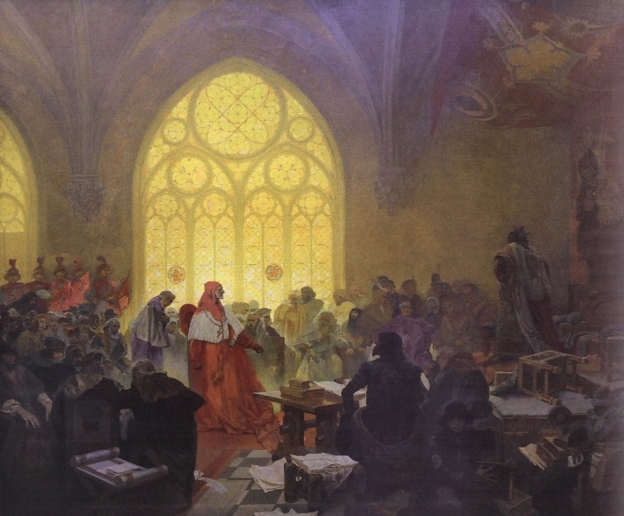 Jiří z Poděbrad: kral obojiho lidun Angličtina: Husitský král Jiří z Poděbrad a Kunstat: Smlouvy je třeba dodržovat od Alphonse Mucha