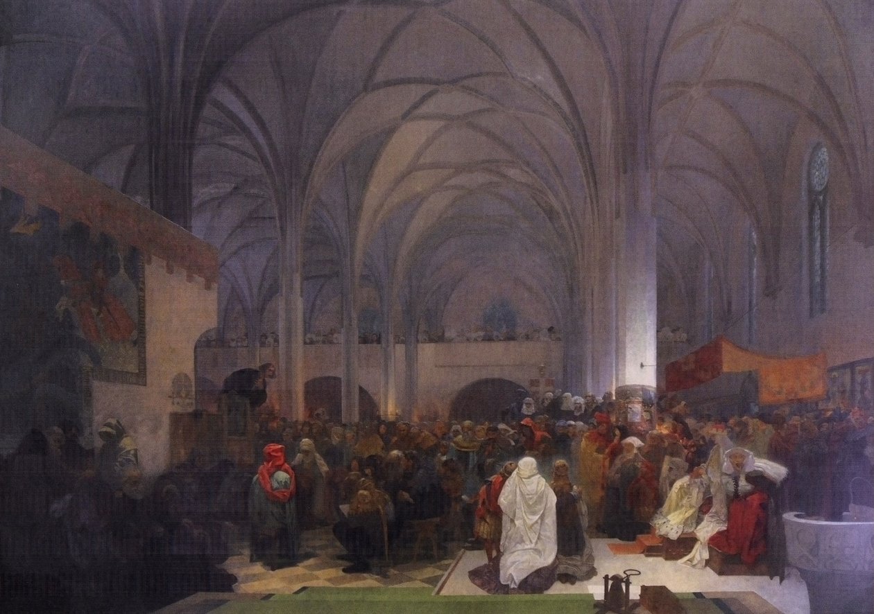 Kazani Mistra Jana Husa v kapli Betlemske: Pravda vitezin Anglicky: Mistr Jan Hus Kázání v Betlémské kapli: Pravda Prevailsn od Alphonse Mucha