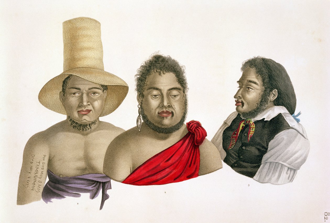 Portréty náčelníků Sandwichových ostrovů, z „Voyage autour du Monde (1817-20)“, Louis Claude De Saulces de Freycinet (1779-1842), vyryté A. Migneretem, vydáno 1822-24 od Alphonse Pellion
