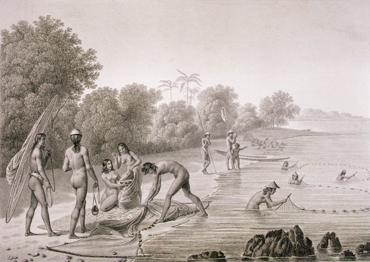 Tradiční metody rybolovu používané domorodci z ostrovů Mariannas, z „Voyage Autour du Monde (1817-20)“, Louis Claude Desaulses de Freycinet (1779-1842), vyryto Bovinetem, vydáno 1822-24 (litho) od Alphonse (after) Pellion