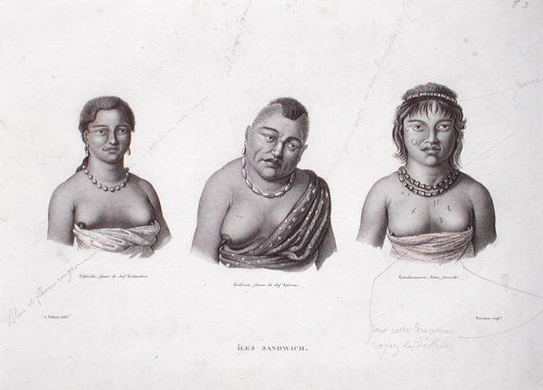 Wives of the Hawaiian Chiefs from Sandwich Islands, c.1824 (rytina) od Alphonse (after) Pellion