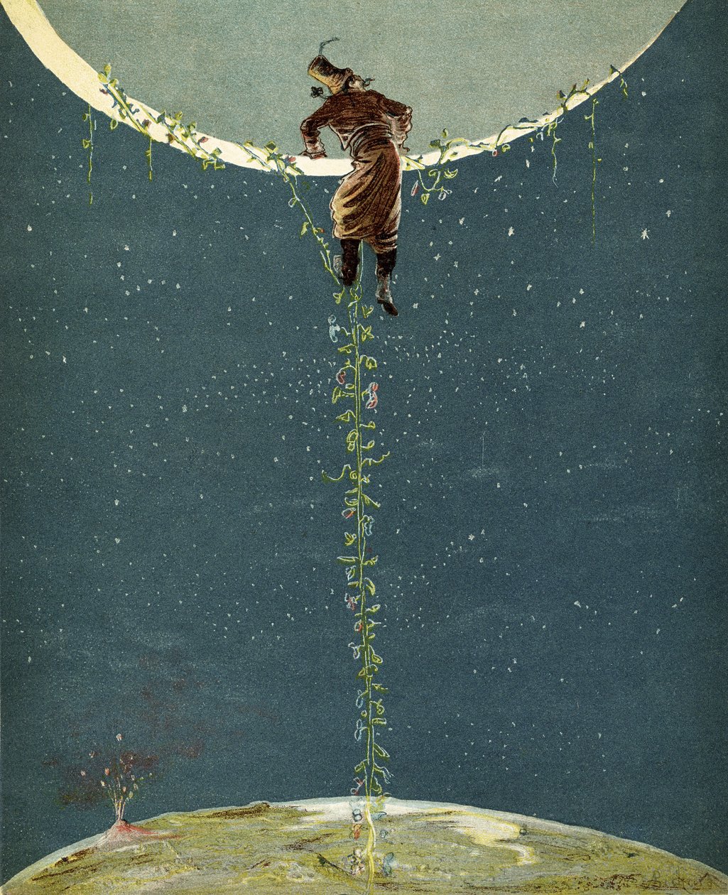 Baron Munchausen vyšplhá na Měsíc pomocí krůtí fazolové rostliny z „Dobrodružství barona Munchausena“ od Rudolfa Ericha Raspeho (1736-94) vydaného kolem roku 1886 od Alphonse Adolphe Bichard