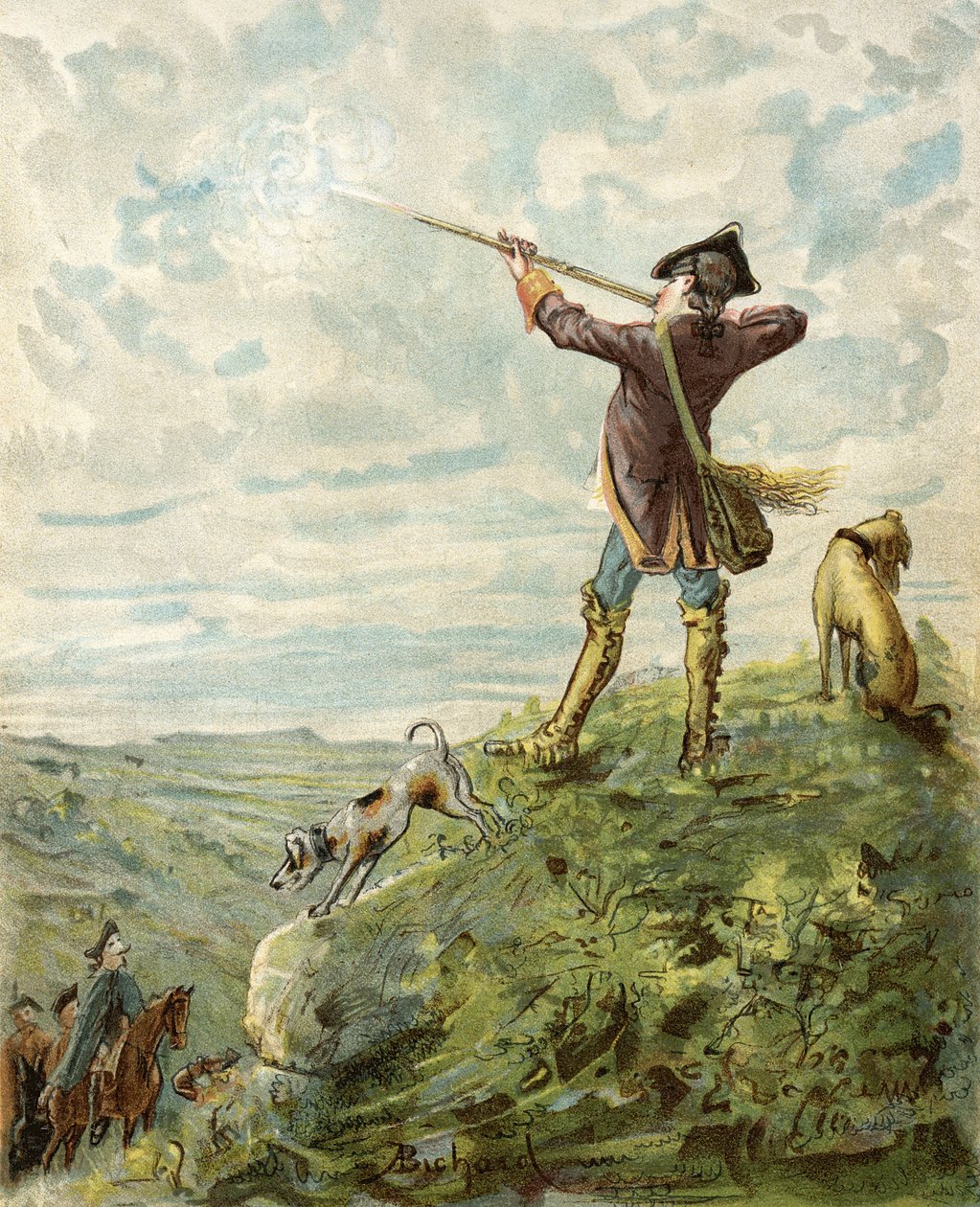 Baron Munchausen najde v Kalifornii báječného střelce z „Dobrodružství barona Munchausena“ od Rudolfa Ericha Raspeho (1736-94), vydaného kolem roku 1886 (barevné lito) od Alphonse Adolphe Bichard