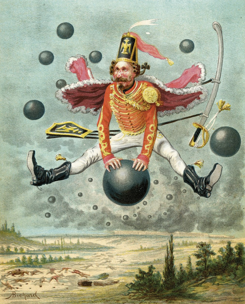 Baron Munchausen jedoucí na dělové kouli během boje s Tippoo, z „Dobrodružství barona Munchausena“ od Rudolfa Ericha Raspeho (1736-94) vydaného kolem roku 1886 (barevně lito) od Alphonse Adolphe Bichard