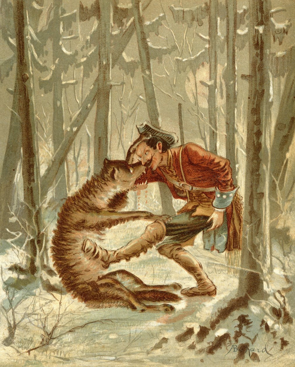 Setkání barona Munchausena s vlkem, z „Dobrodružství barona Munchausena“ od Rudolfa Ericha Raspeho (1736-94), vydané kolem roku 1886 (barevně lito) od Alphonse Adolphe Bichard