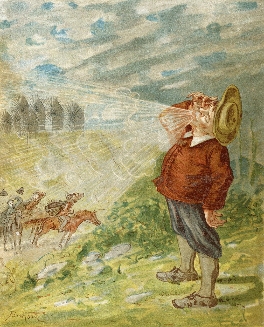 Jak baron Munchausen získal dmychadlo, z „Dobrodružství barona Munchausena“ od Rudolfa Ericha Raspeho (1736-94), vydané kolem roku 1886 od Alphonse Adolphe Bichard