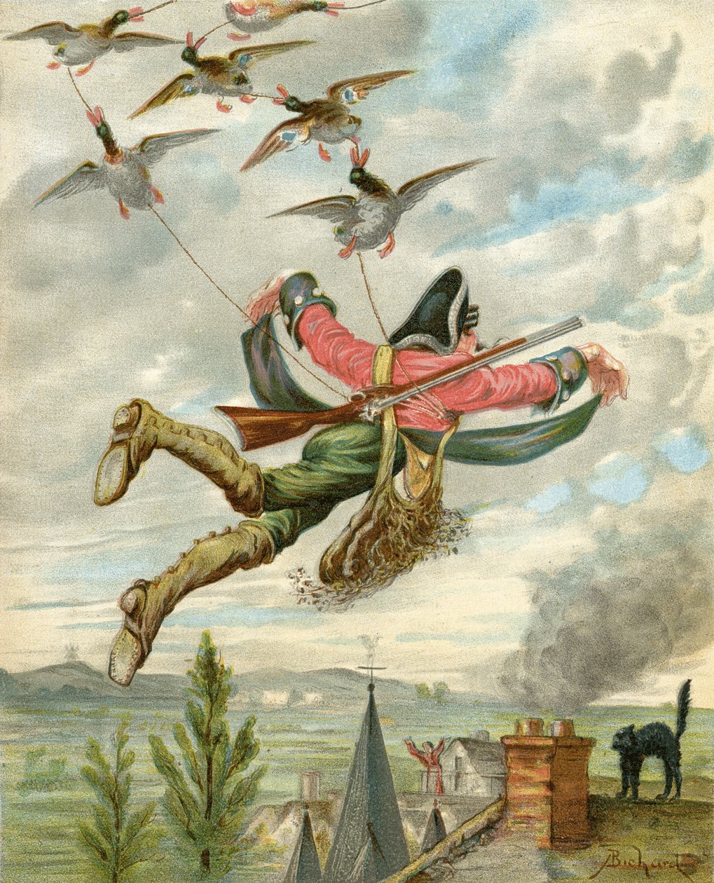 Zvednutý ze země kachnami, z „Dobrodružství barona Munchausena“ od Rudolfa Ericha Raspeho (1736-94), vydaného kolem roku 1886 (barevně lito) od Alphonse Adolphe Bichard