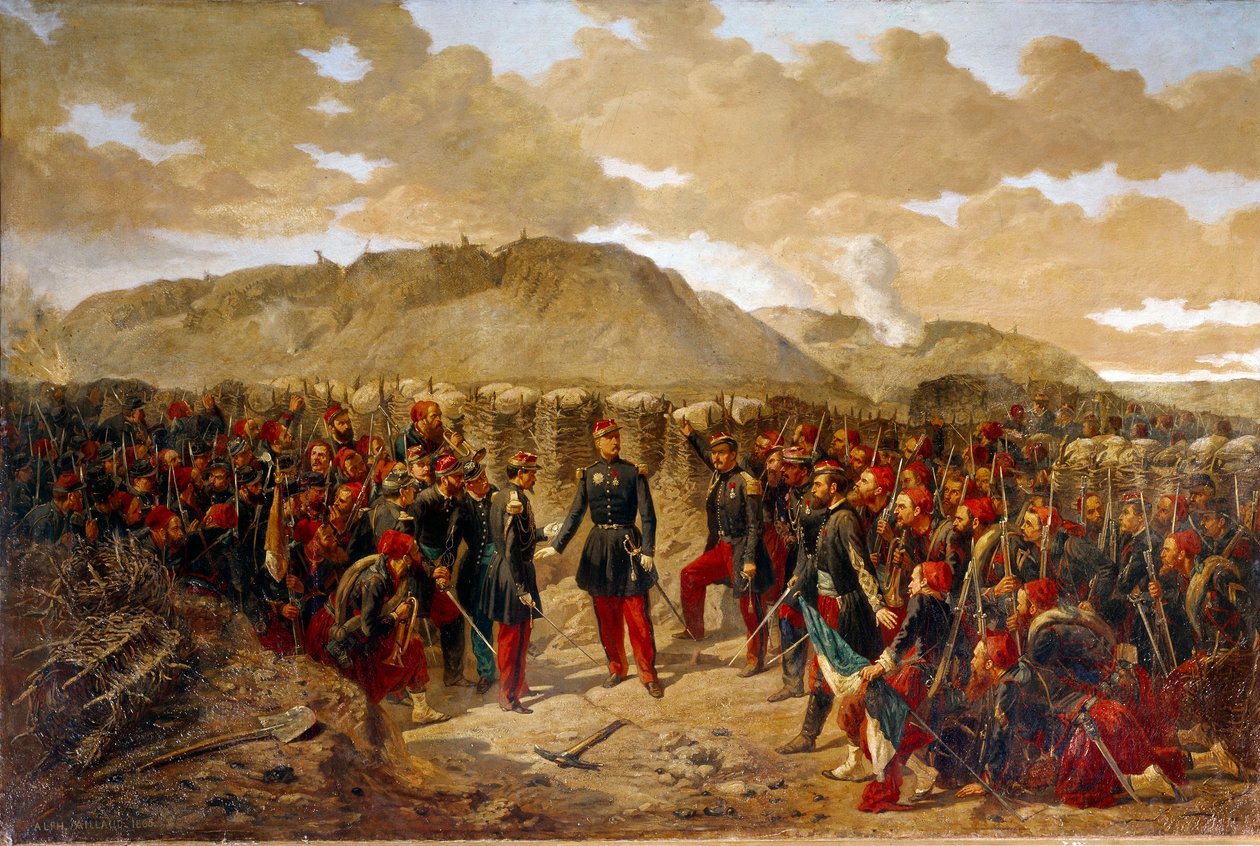 Krymská válka (1853-1856): „“ Mac-Mahon a první Zouaves do Malakoffu, 8. 9. 1855“ Generál Mac Mahon (1808-1898) dal své poslední pokyny prvnímu Zouavesovi plukovníka Collineau před zajetím Pevnost Malakoff. Obraz Alphonse Ailla od Alphonse Antoine Aillaud