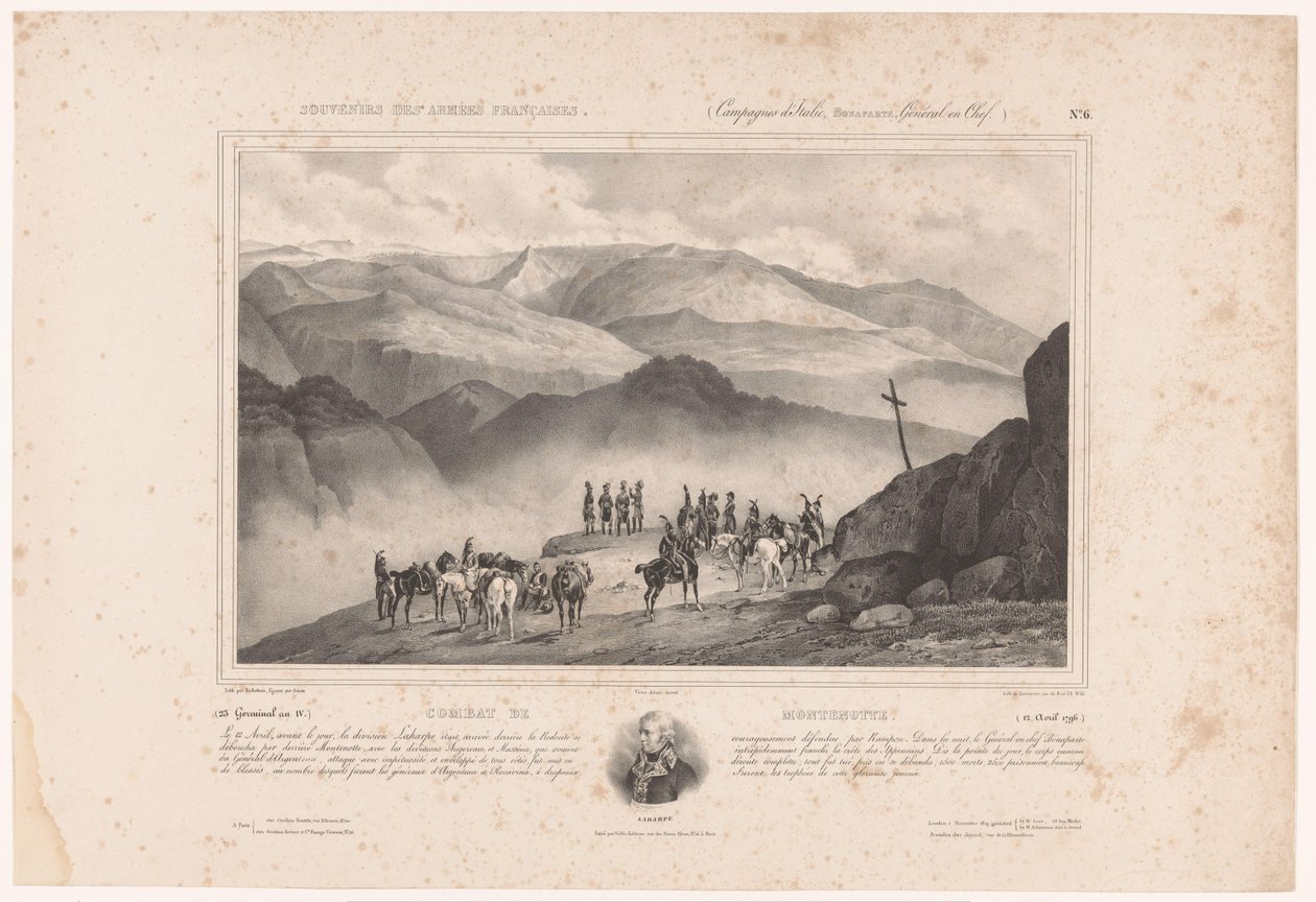 Vojáci v předvečer bitvy u Montenotte a portrét Amédée Emmanuel François Laharpe Combat de Montenotte (12. dubna 1796) (název na objektu) Vzpomínky na francouzskou armádu (název série) Souvenirs des armées françaises (Campaigns d