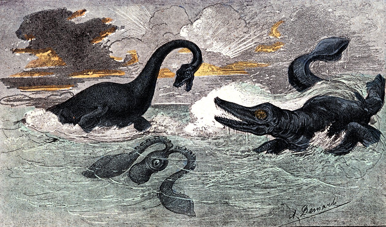 Období Lias (spodní jura): Plesiosaur a Ichthyosaur, přírodní výtvor a živé bytosti (od Jules Renegade) Kresba A. Demarle. 1885 od Alphonse Demarle