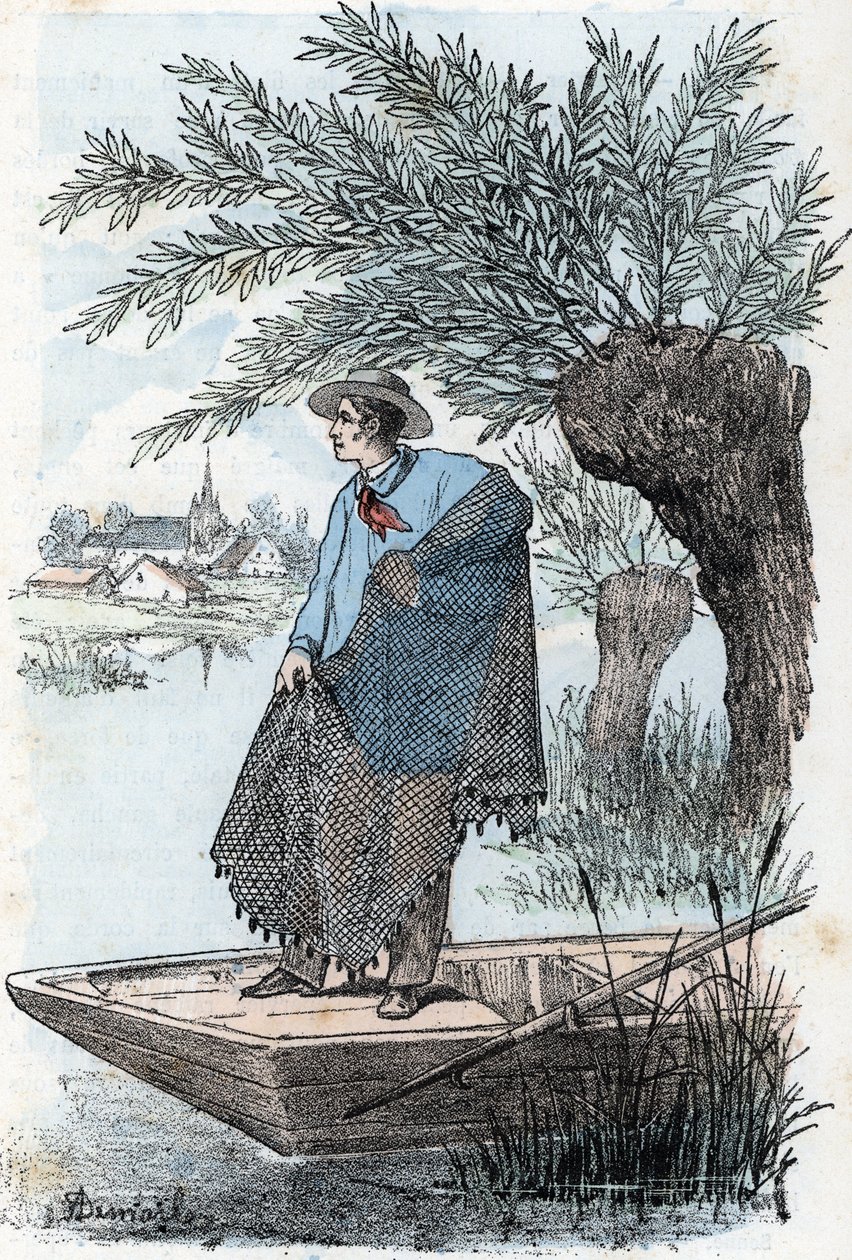 Síťový rybolov Rytina z „The Needs of Life“ od Rengade od Alphonse Demarle