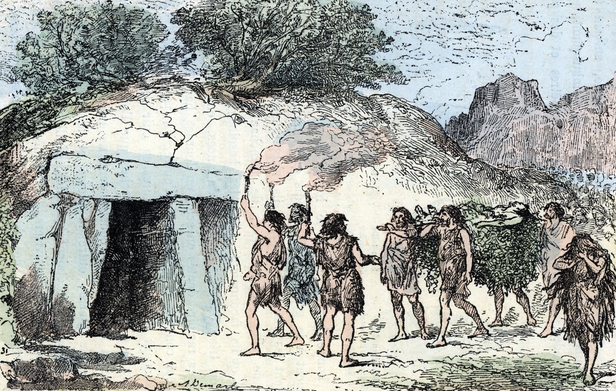 Pravěk, neolit; ceremonie funebre (pravěk, neolit: pohřební obřad) Rytina z „”Příroda a člověk”” od Renegade 1881 Soukromá sbírka od Alphonse Demarle