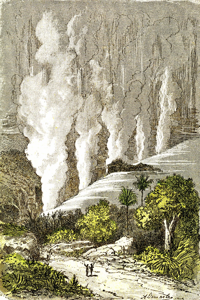 Prehistorie- Katarakta ze Zambeze: Přírodní stvoření a živé bytosti. Kresba A. Demarle. 1885 od Alphonse Demarle