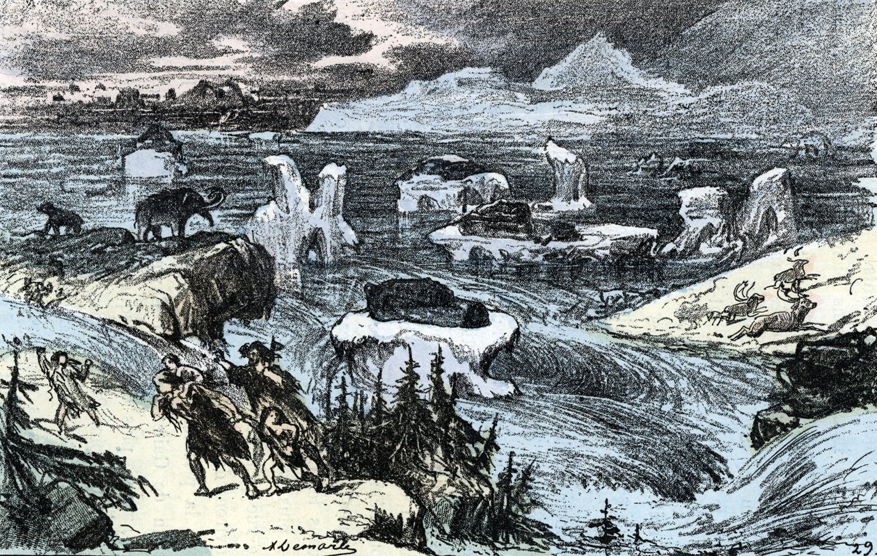 Pravěk; povodně ve střední Evropě na konci doby ledové Rytina z „“Příroda a člověk“ od Rengade 1881 Soukromá sbírka od Alphonse Demarle