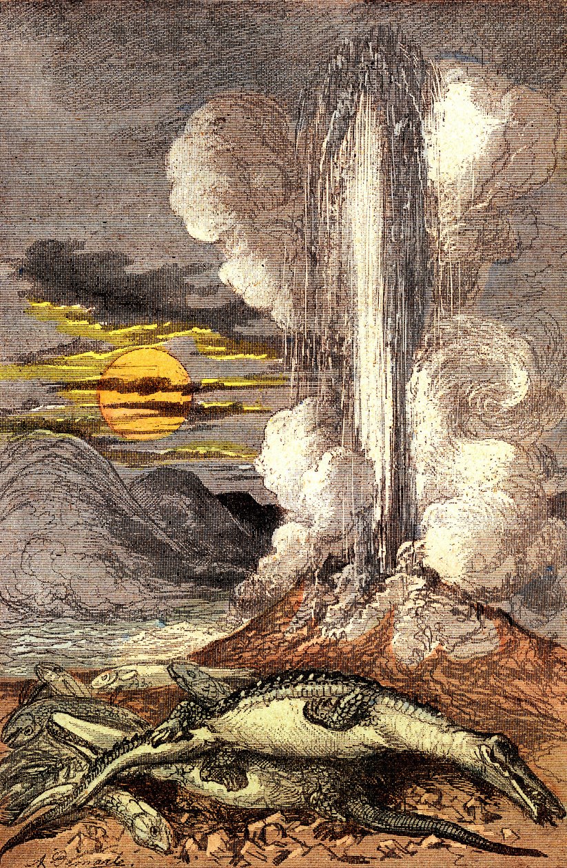 Jedovaté erupce termálních vod v období triasu. Stvoření a živé bytosti (Jules Renegade). Kresba A. Demarle. 1885 od Alphonse Demarle