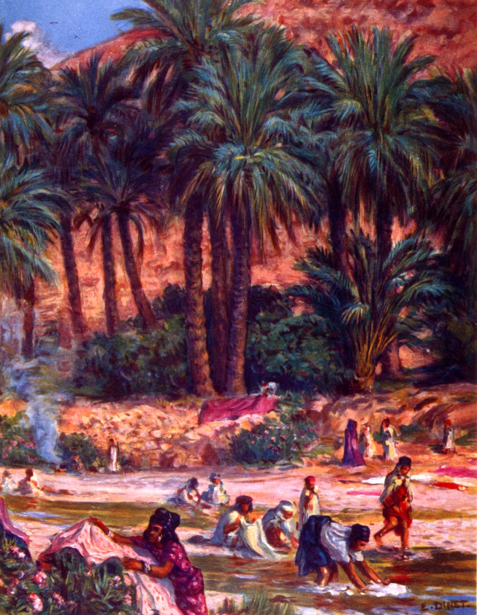 Skupina arabských nomádských žen prajících prádlo v oáze v poušti. od Nasreddine Dinet (Alphonse-Étienne Dinet). 1861 1929. Francouzský orientalistický malíř 1918 od Alphonse Etienne Dinet
