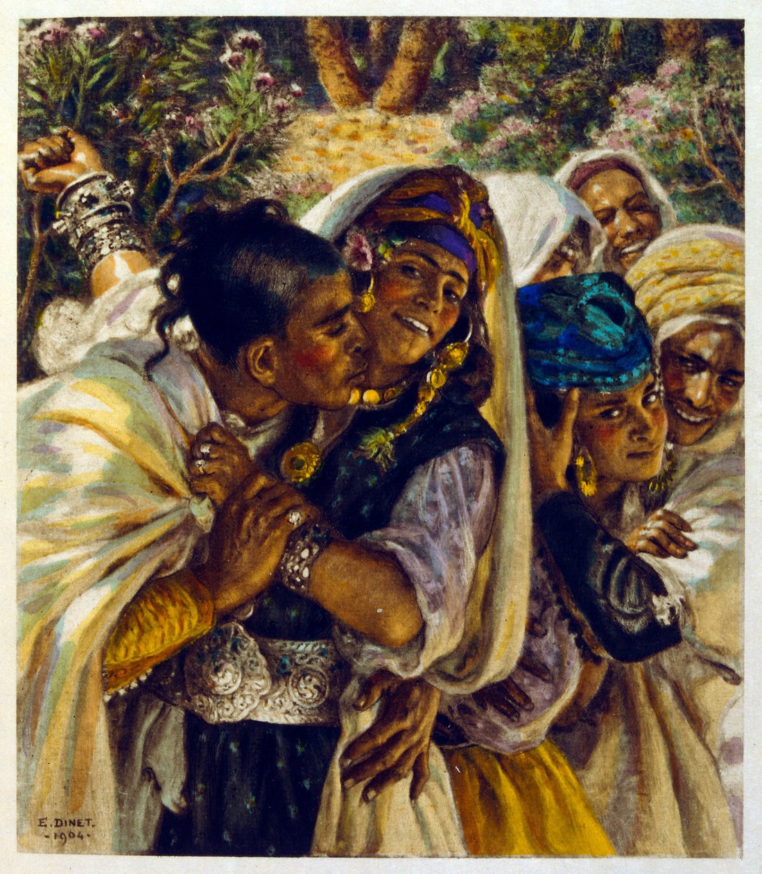 Dinetova ilustrace z knihy "Mirages" Scény z arabského života. 1906. Knihu Mirages, Scenes De La Vie Arab ilustroval Etienne Dinet s komentářem Silmana Ben Ibrahima Bamera. Nasreddine Dinet se narodil jako Alphonse-Etienne Dinet; (1861-1929) byl fren od Alphonse Etienne Dinet