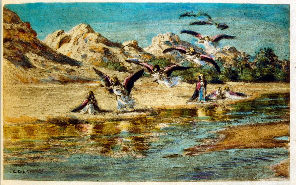 Dinetova ilustrace z knihy "Mirages" Scény z arabského života. 1906. Knihu Mirages, Scenes De La Vie Arab ilustroval Etienne Dinet s komentářem Silmana Ben Ibrahima Bamera. Nasreddine Dinet se narodil jako Alphonse-Etienne Dinet; (1861-1929) byl fren od Alphonse Etienne Dinet