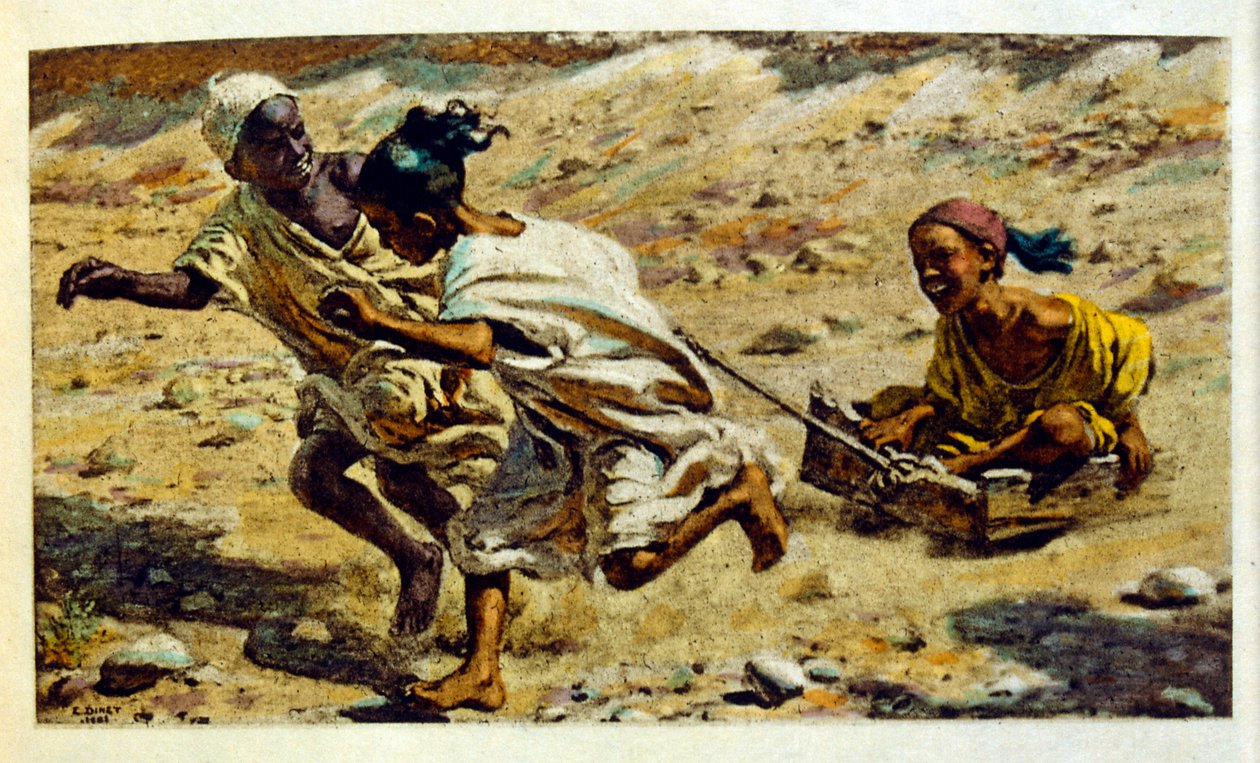 Dinetova ilustrace z knihy "Mirages" Scény z arabského života. 1906. Knihu Mirages, Scenes De La Vie Arab ilustroval Etienne Dinet s komentářem Silmana Ben Ibrahima Bamera. Nasreddine Dinet se narodil jako Alphonse-Etienne Dinet; (1861-1929) byl fren od Alphonse Etienne Dinet