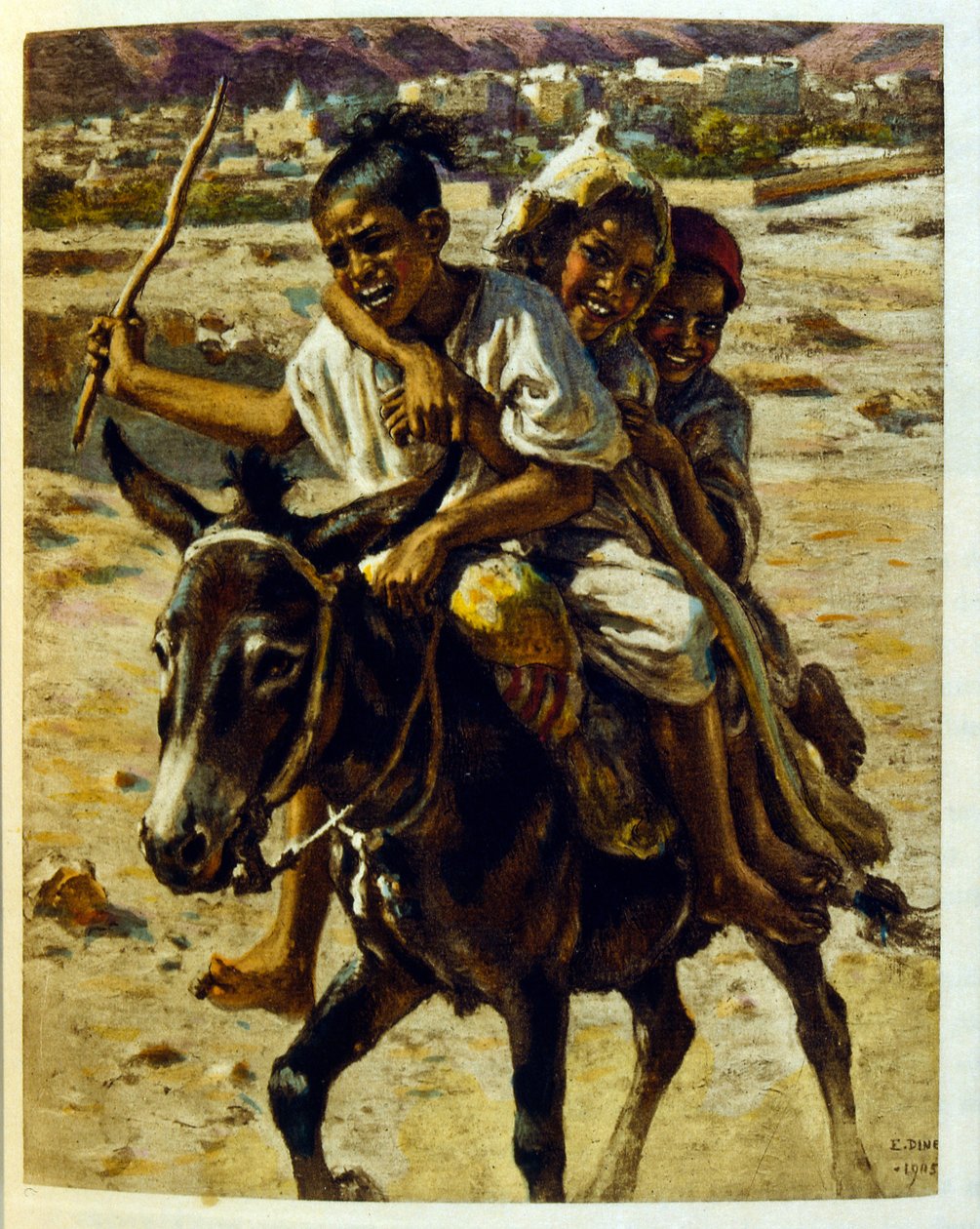 Dinetova ilustrace z knihy "Mirages" Scény z arabského života. 1906. Knihu Mirages, Scenes De La Vie Arab ilustroval Etienne Dinet s komentářem Silmana Ben Ibrahima Bamera. Nasreddine Dinet se narodil jako Alphonse-Etienne Dinet; (1861-1929) byl fren od Alphonse Etienne Dinet
