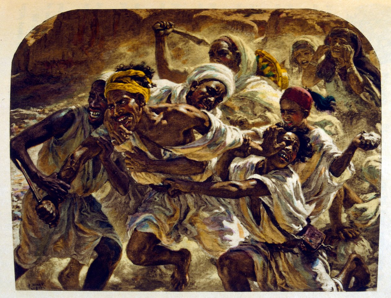 Dinetova ilustrace z knihy "Mirages" Scény z arabského života. 1906. Knihu Mirages, Scenes De La Vie Arab ilustroval Etienne Dinet s komentářem Silmana Ben Ibrahima Bamera. Nasreddine Dinet se narodil jako Alphonse-Etienne Dinet; (1861-1929) byl fren od Alphonse Etienne Dinet