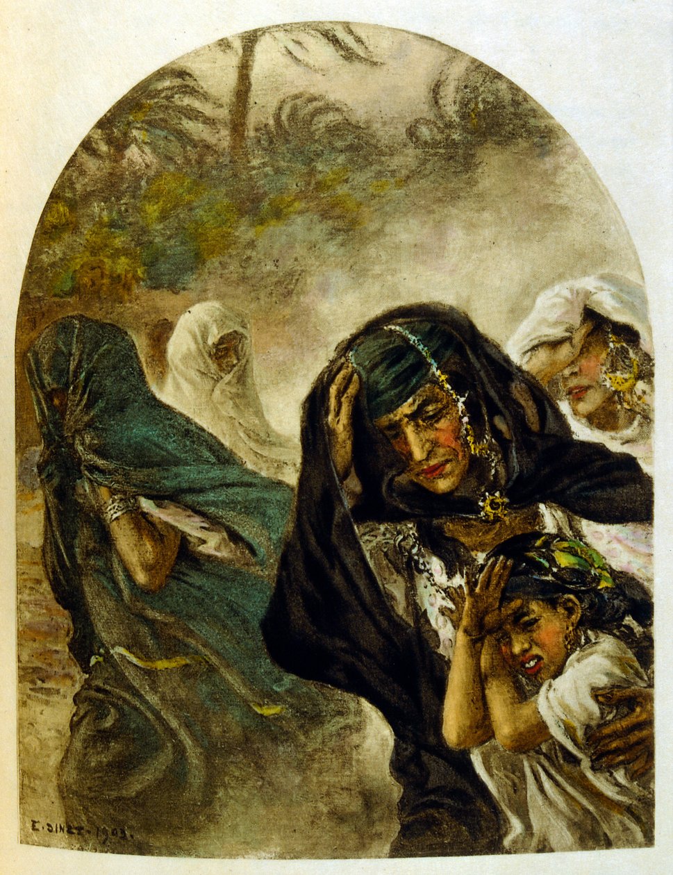 Dinetova ilustrace z knihy "Mirages" Scény z arabského života. 1906. Knihu Mirages, Scenes De La Vie Arab ilustroval Etienne Dinet s komentářem Silmana Ben Ibrahima Bamera. Nasreddine Dinet se narodil jako Alphonse-Etienne Dinet; (1861-1929) byl fren od Alphonse Etienne Dinet
