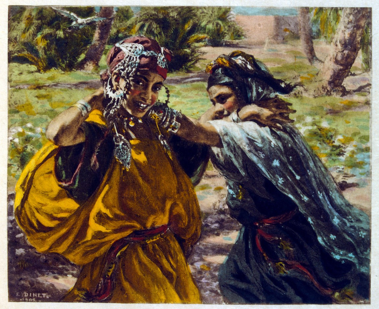 Dinetova ilustrace z knihy "Mirages" Scény z arabského života. 1906. Knihu Mirages, Scenes De La Vie Arab ilustroval Etienne Dinet s komentářem Silmana Ben Ibrahima Bamera. Nasreddine Dinet se narodil jako Alphonse-Etienne Dinet; (1861-1929) byl fren od Alphonse Etienne Dinet
