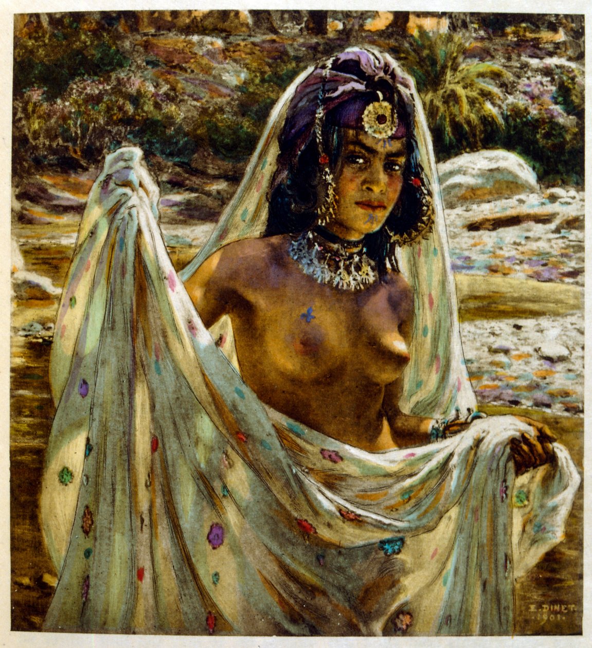 Ilustrace dineta z „Mirages“ scén arabského života. 1906. Mirages, Scény života Arab byl ilustrován Etienne Dinetem s komentářem Silmana Ben Ibrahima Bamera. Nasreddine Dinet se narodila jako Alphonse-étienne Dinet; (1861-1929) byl francouzský orienta od Alphonse Etienne Dinet