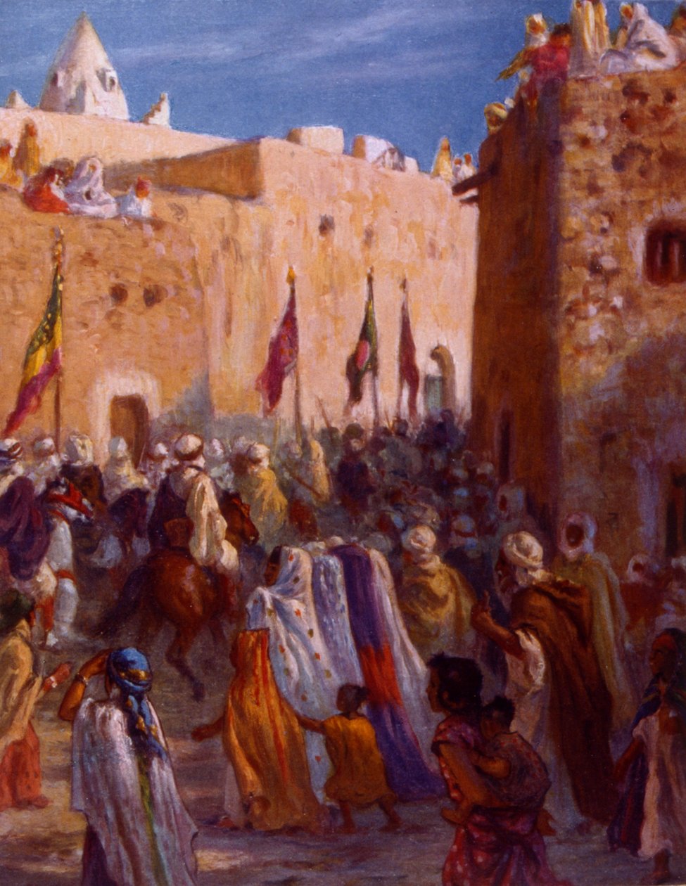 Ilustrace zobrazující moslimské arabské válečníky opouštějící město, aby se pustili do džihádu nebo svaté války. Autor: Nasreddine Dinet (Alphonse-étienne Dinet). 1861 1929. Francouzský orientalistický malíř. 1918. od Alphonse Etienne Dinet