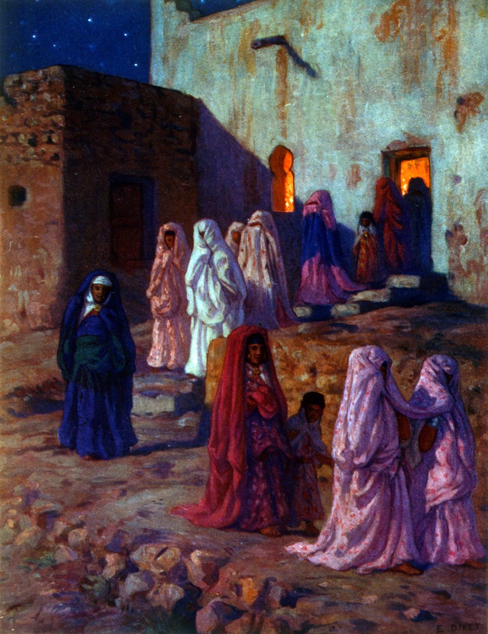 Ilustrace zobrazující muslimské arabské ženy oslavující „Mawlid“ (Narození proroka). oslava narozenin islámského proroka Mohameda. Autor: Nasreddine Dinet (Alphonse-Étienne Dinet). 1861 1929. francouzský orientalistický malíř. 1918. od Alphonse Etienne Dinet