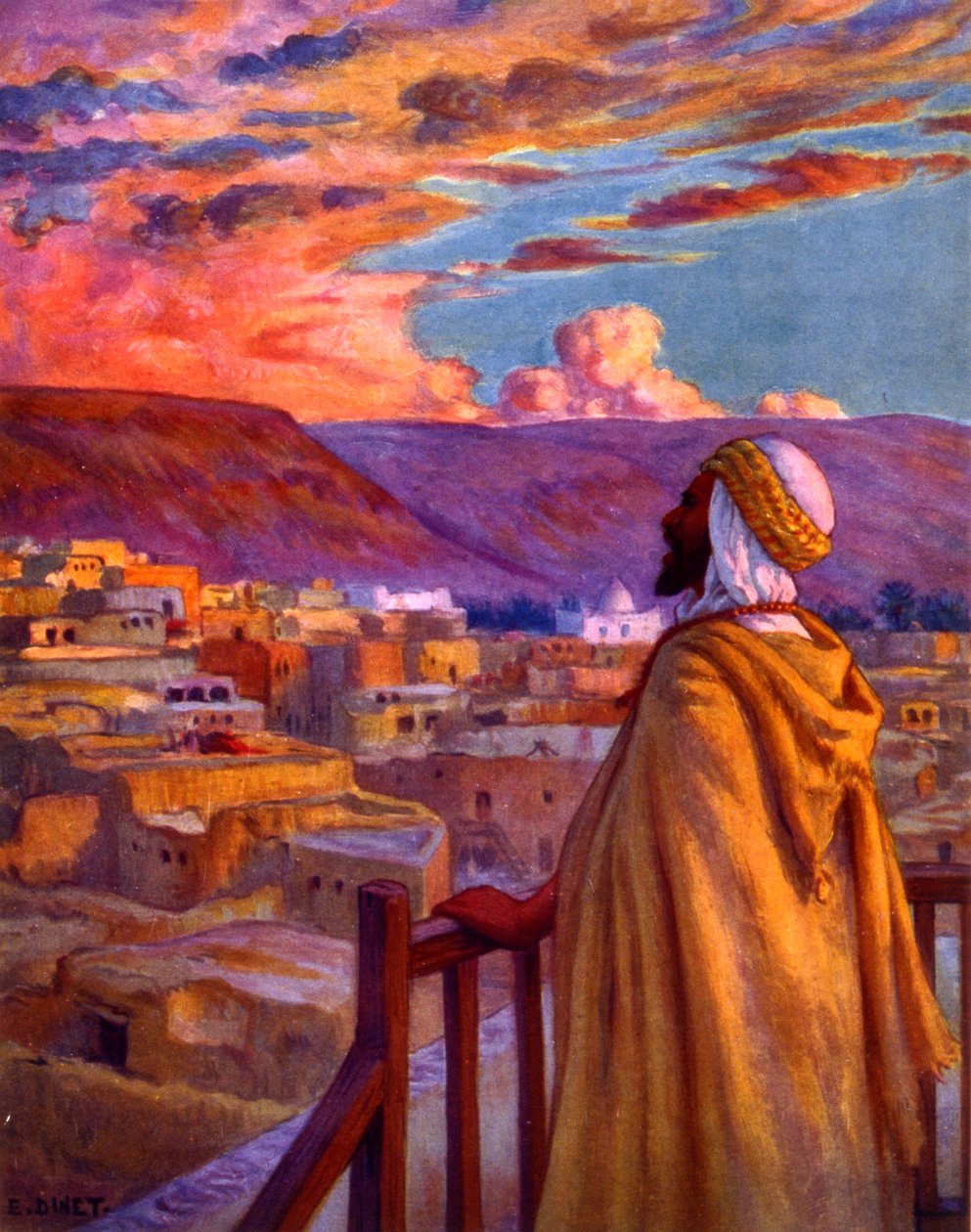 Muezzin svolává věřící k modlitbě ve vesnici v poušti. od Nasreddine Dinet (Alphonse-Étienne Dinet). 1861 1929. Francouzský orientalistický malíř 1918 od Alphonse Etienne Dinet