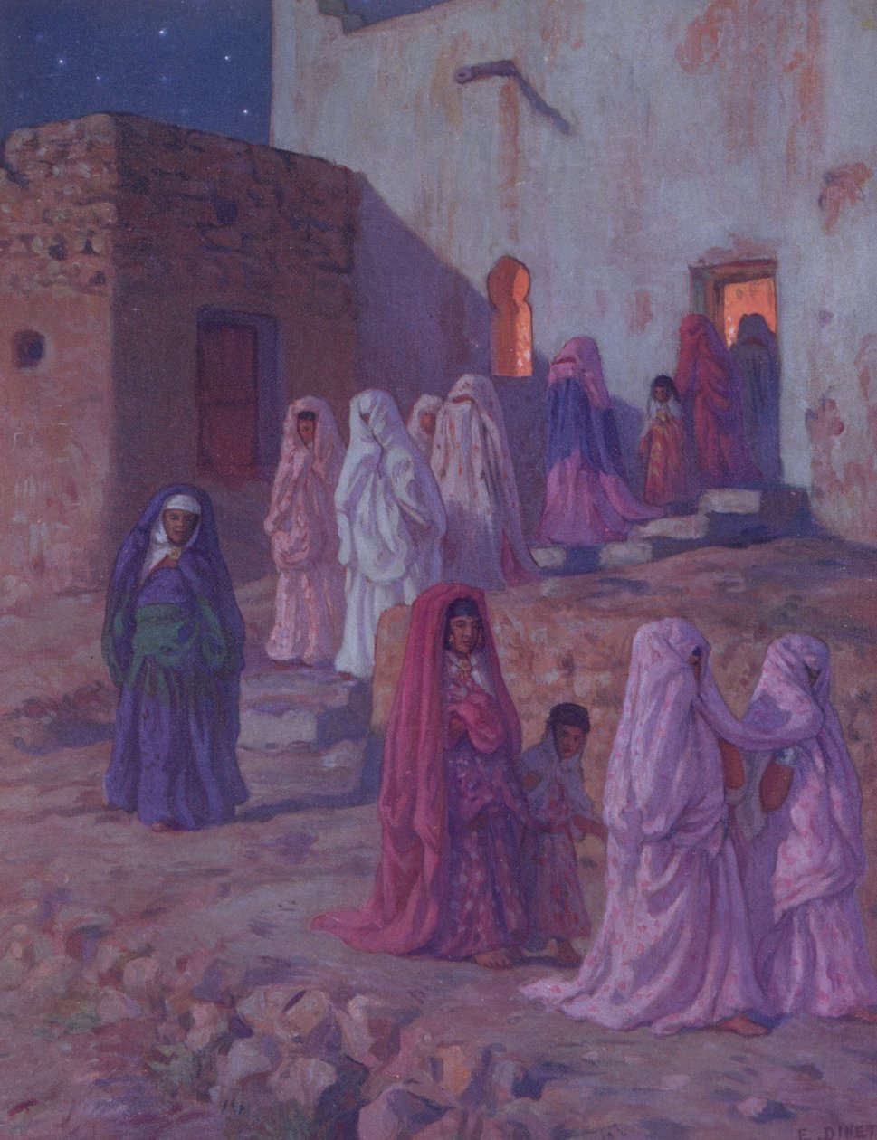 Muslimové opouštějící vesnickou mešitu v předvečer svátku Mouled, ilustrace z historie života proroka Mohameda, vydané v Paříži v roce 1918. od Alphonse Etienne Dinet