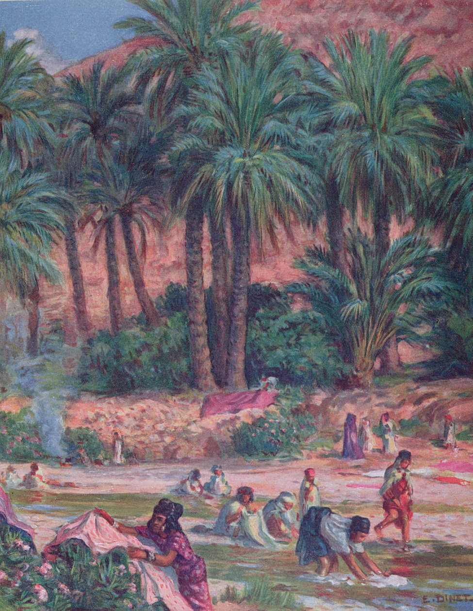 Palmy. Palma byla požehnána prorokem Mohamedem v Koránu. Barevná litografie, 1918. od Alphonse Etienne Dinet