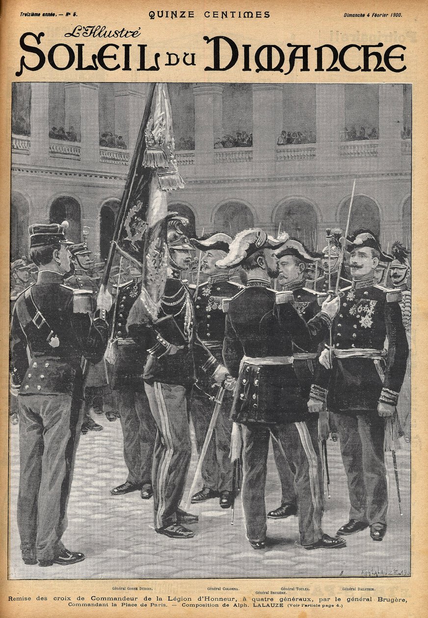 Předání komandérských křížů Čestné legie čtyřem generálům (Gosse Dubois, generál Colonna, generál Toulza, generál Dalstein) generálem Brugerem. Rytina od Lalauze pro jednu z „Le Soleil-du-Dimanche“ v únoru 1900. od Alphonse Lalauze